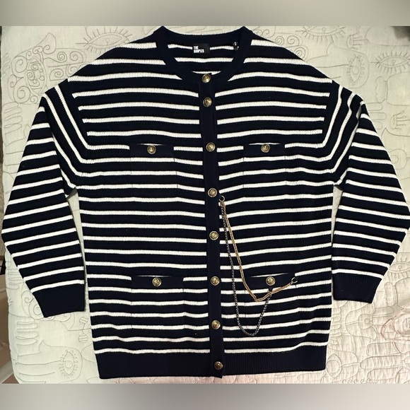 NWT The Kooples Striped Wool Cardigan Size 2 M Navy Cream Chain Oversized - Picture 7 of 14
